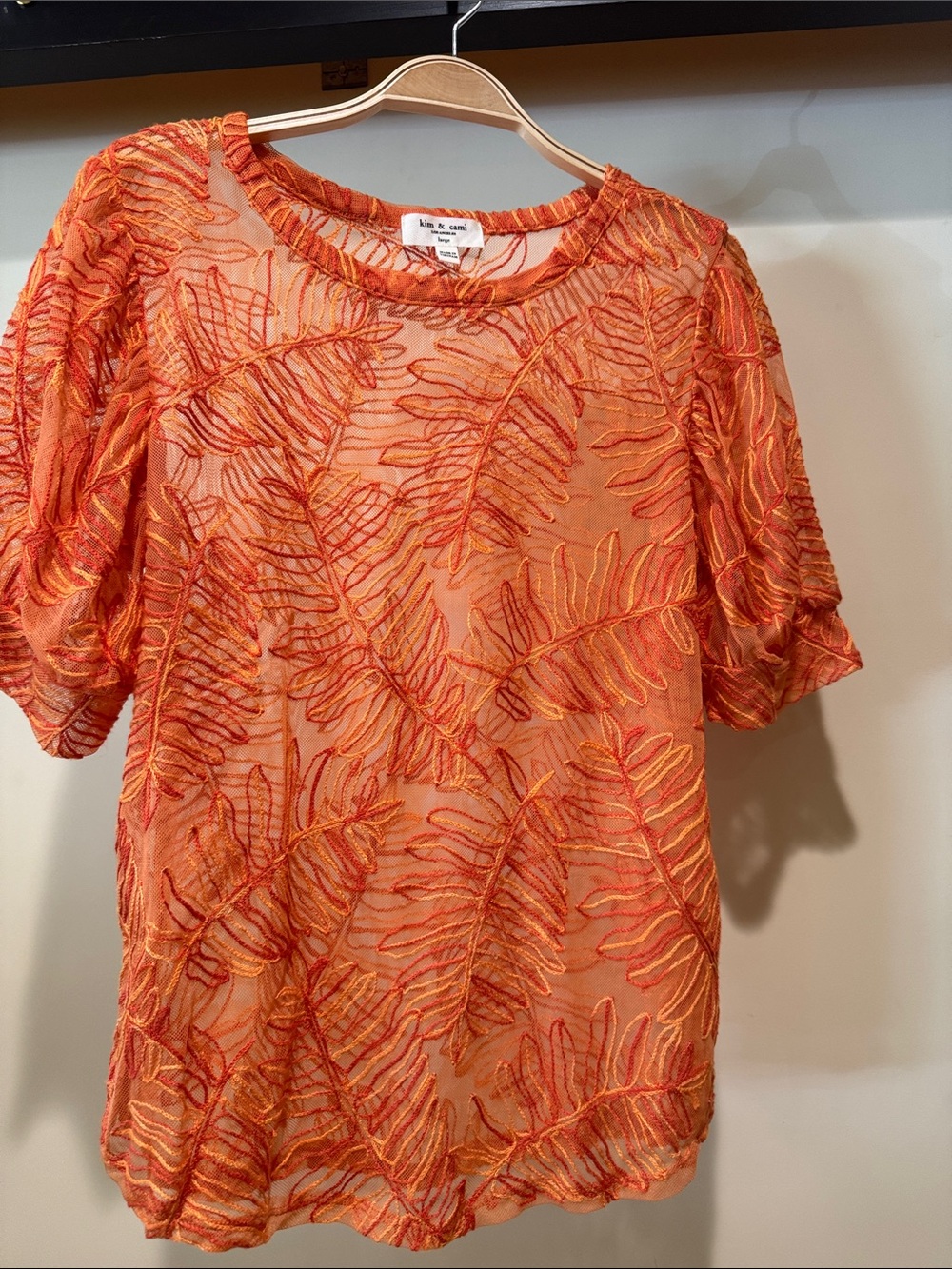 Kim & Cami Orange Embroidered Sheer Top